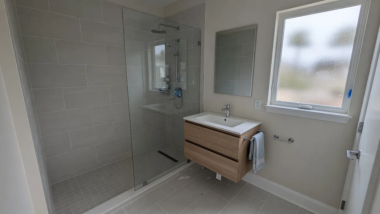 Completed bathroom remodel with a walk-in shower in a Virginia Beach home