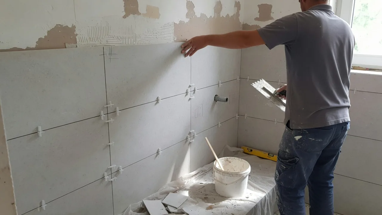 Tiler setting wall tile during a bathroom remodel in Virginia Beach