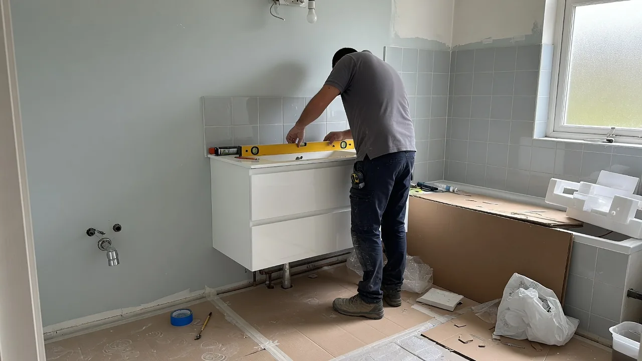 Contractor fitting a new vanity unit in a Virginia Beach bathroom